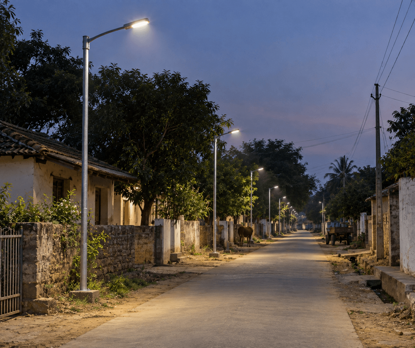 Street lights on a Palodia village road